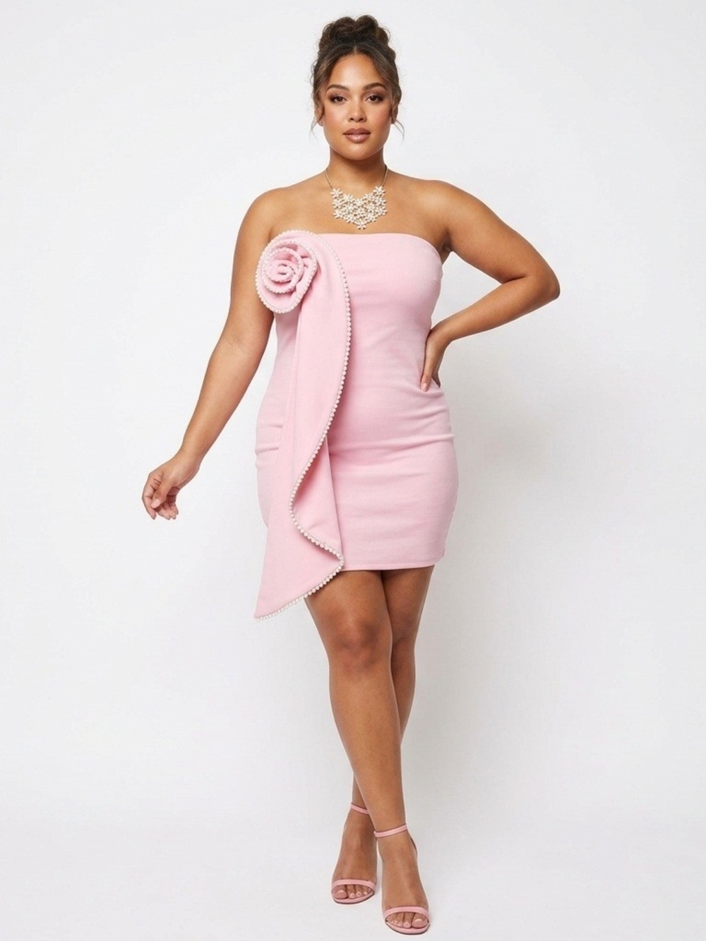 Fashion Nova Strapless Blush Pink Rose Applique Mini Dress